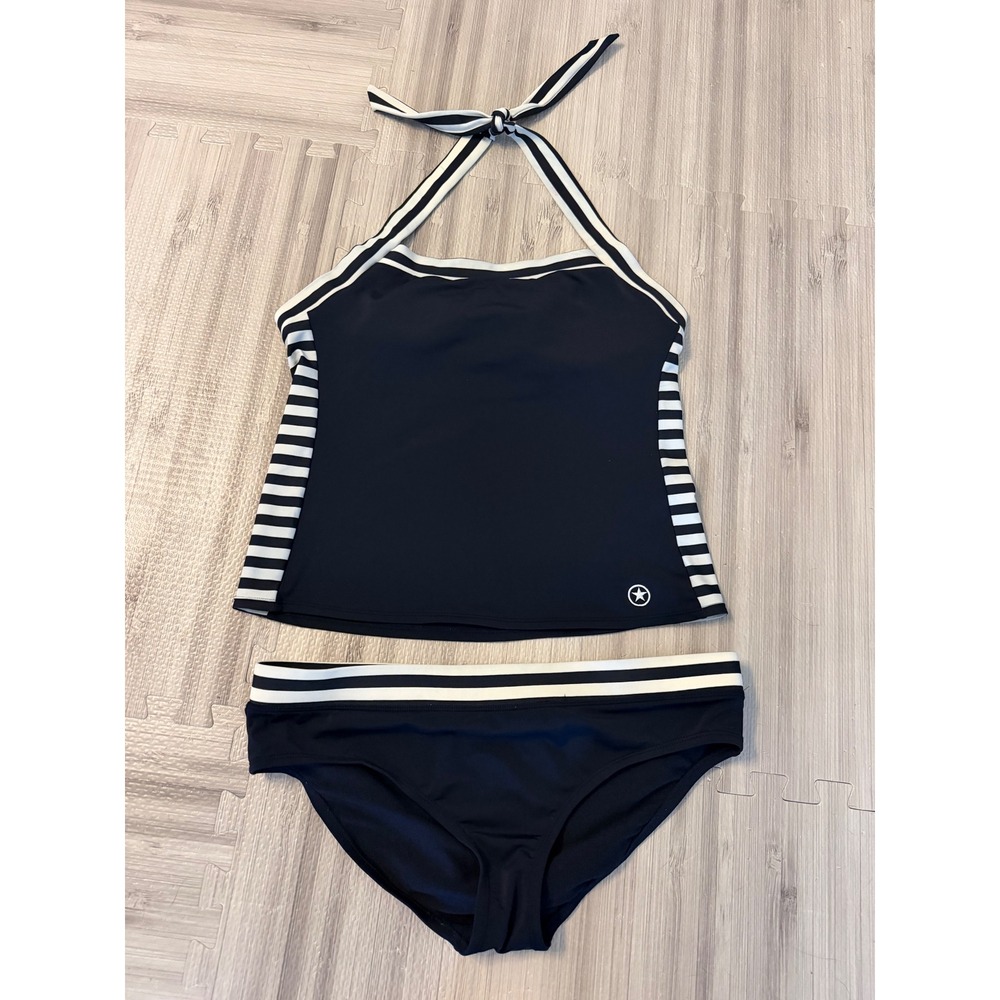 Converse One Star Tankini Women L Navy Blue Striped Halter Two Piece Swimsuit
